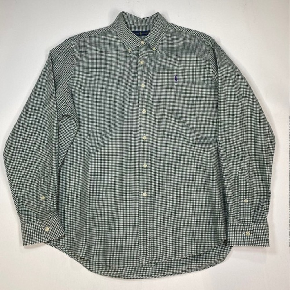 Ralph Lauren Mens XL Green Gingham Check Button Down Long Sleeve Shirt Pony Logo